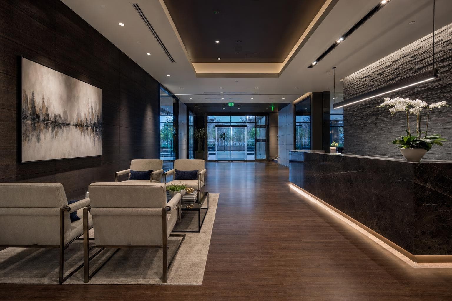 Commercial office lobby with luxury vinyl plank flooring