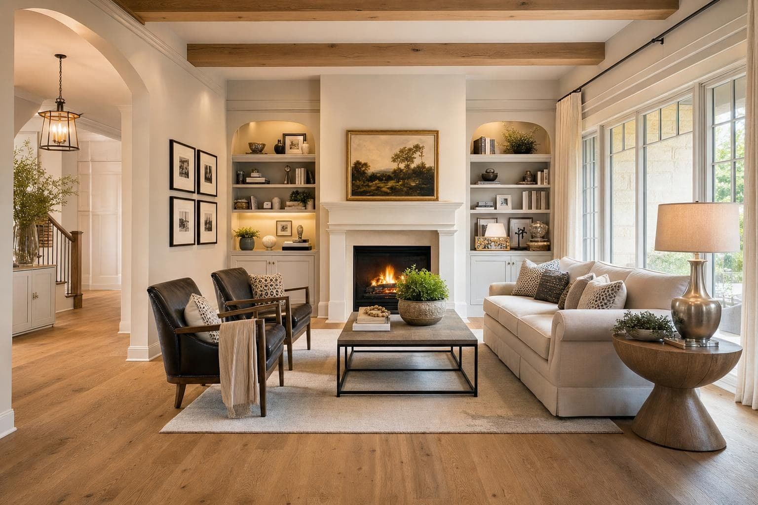 Residential living room with wide-plank wood-look flooring